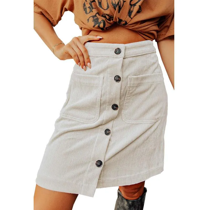 Corduroy Distressed High Waist Breasted Design Skirt