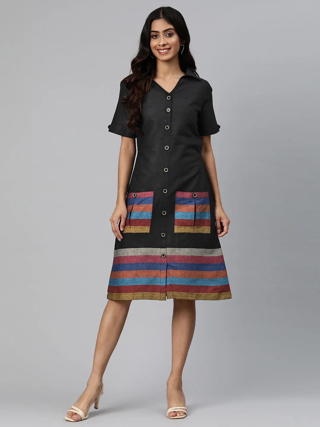 Cottinfab Women Striped Midi Shirt Dress