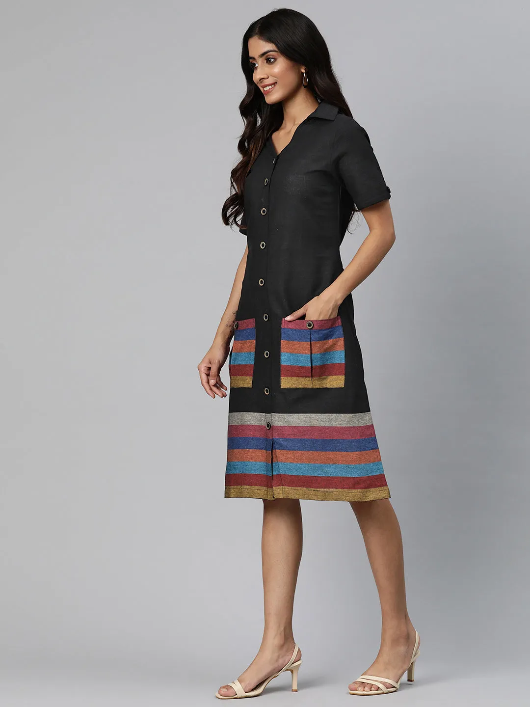 Cottinfab Women Striped Midi Shirt Dress