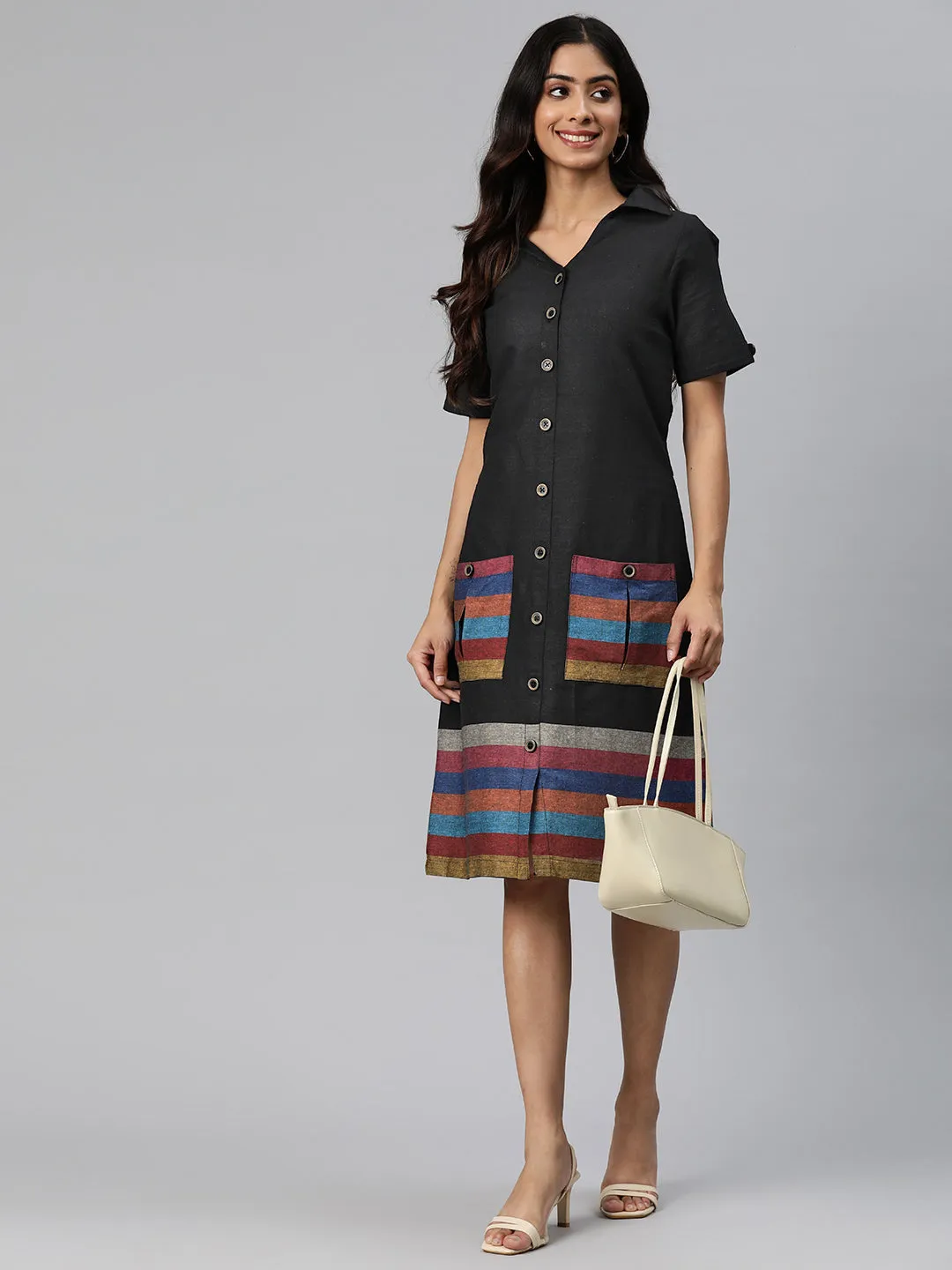 Cottinfab Women Striped Midi Shirt Dress