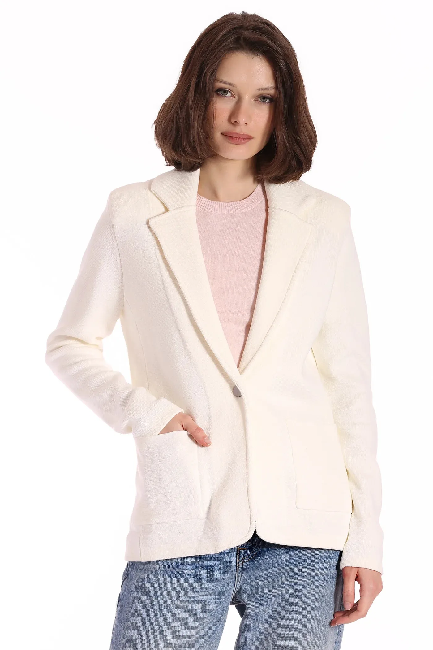 Cotton Blend Fitted Blazer | White