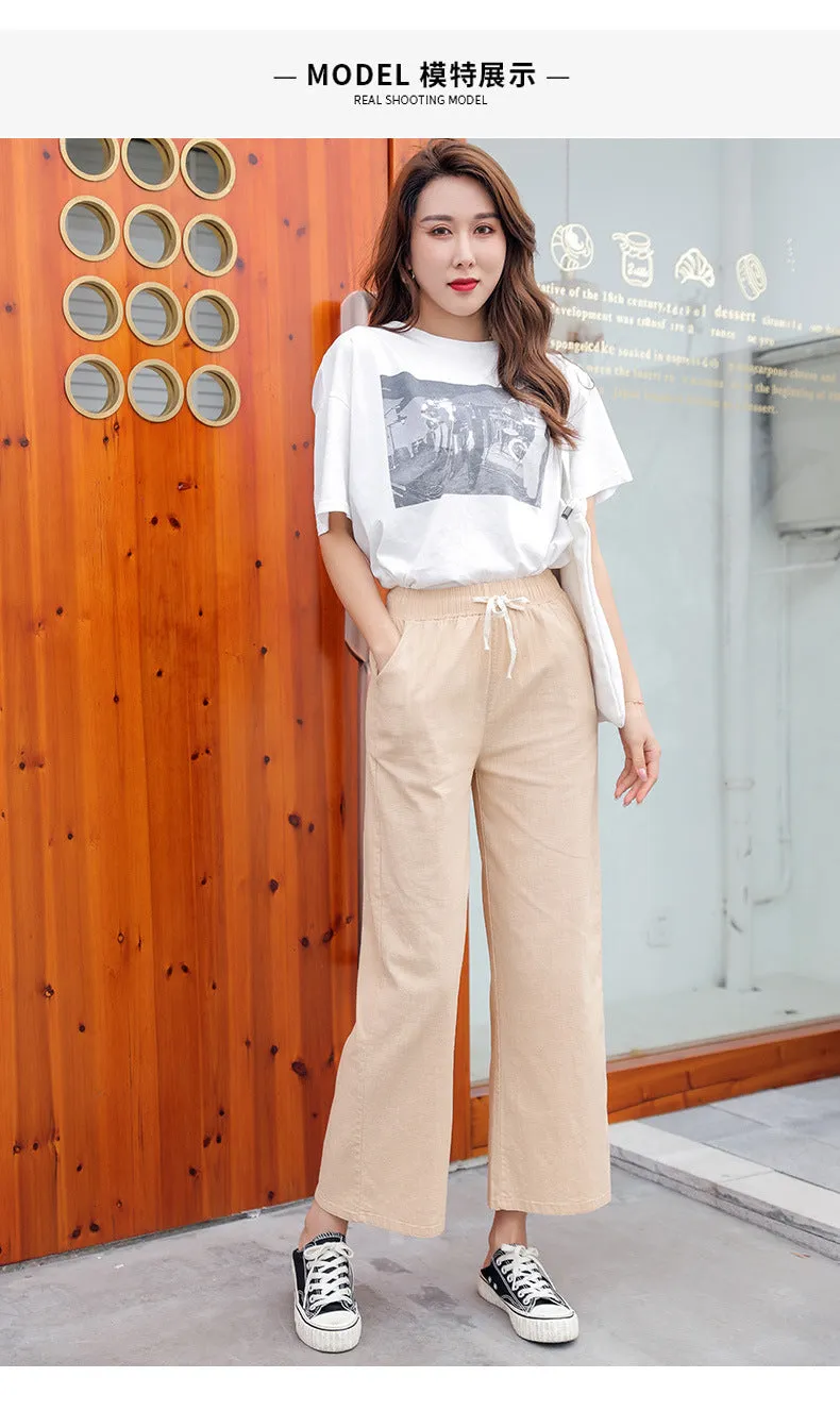 Cotton Blend Wide Leg Pants Women Summer Thin All-Matching Straight Jeans High Waist Drape Plus Size Casual Pants