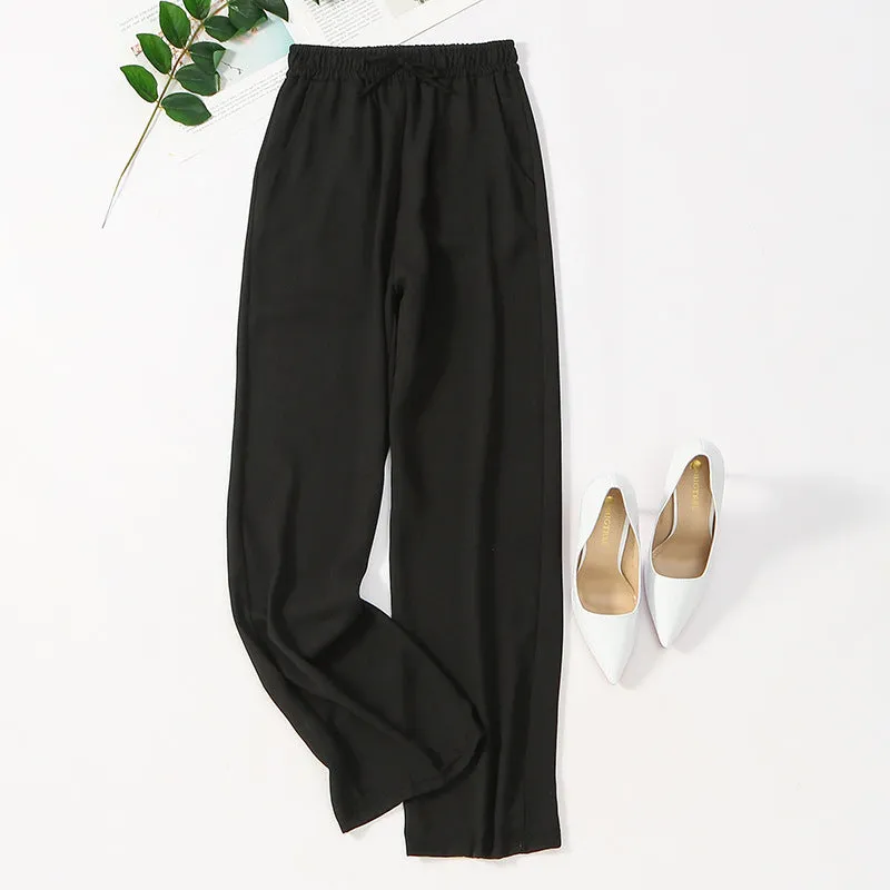 Cotton Blend Wide Leg Women Summer Loose High Waist All-Matching Drape Casual Line Slim-Look Straight Long Pants
