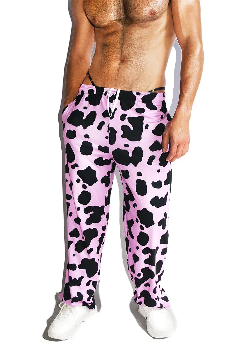 Cow All Over Print Wide Pants- Pink