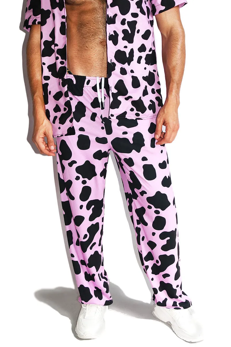 Cow All Over Print Wide Pants- Pink
