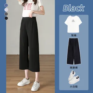Cropped Pants Women High Waist Drape Wide Leg Loose Summer Petite Straight Casual Black Pants