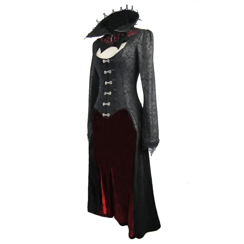 CT07302 Black and red floral high collar embroidered women dress coat