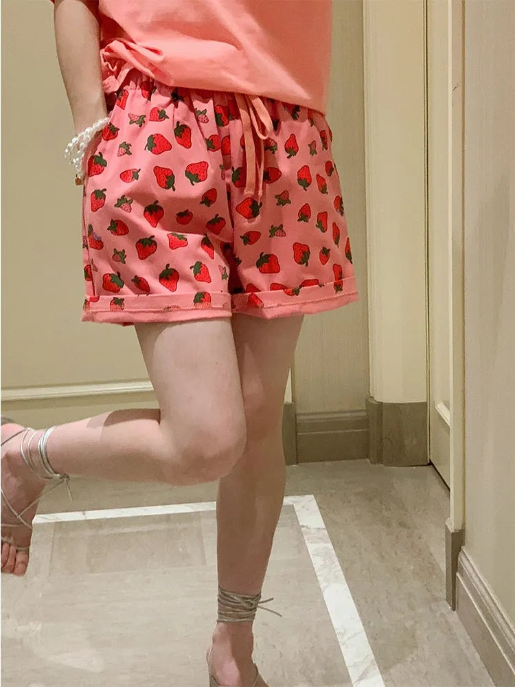 Cute pink strawberry printed pants elastic waist wide leg casual shorts kawaii