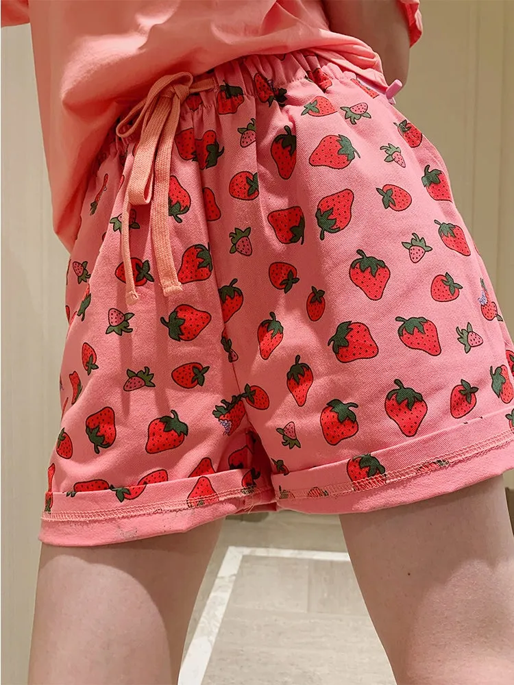 Cute pink strawberry printed pants elastic waist wide leg casual shorts kawaii