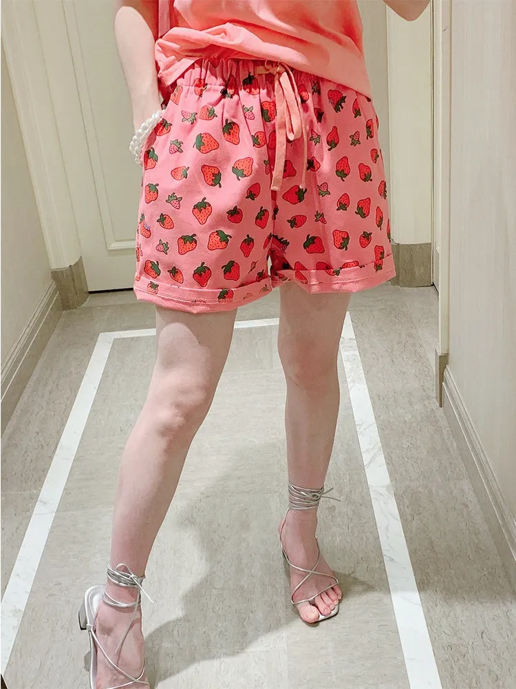 Cute pink strawberry printed pants elastic waist wide leg casual shorts kawaii