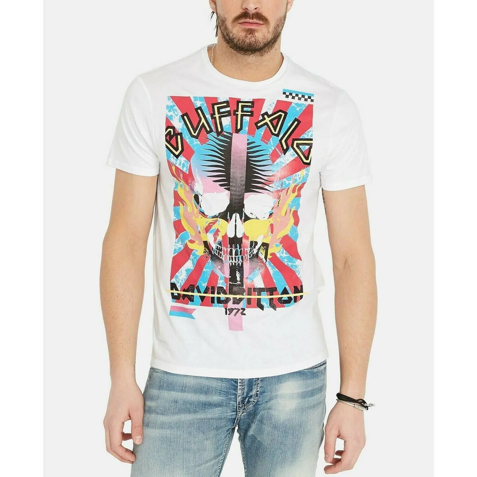 DAVID BITTON: BUFFALO, Men's White Graphic Tee w/ Neon Skull Graphic