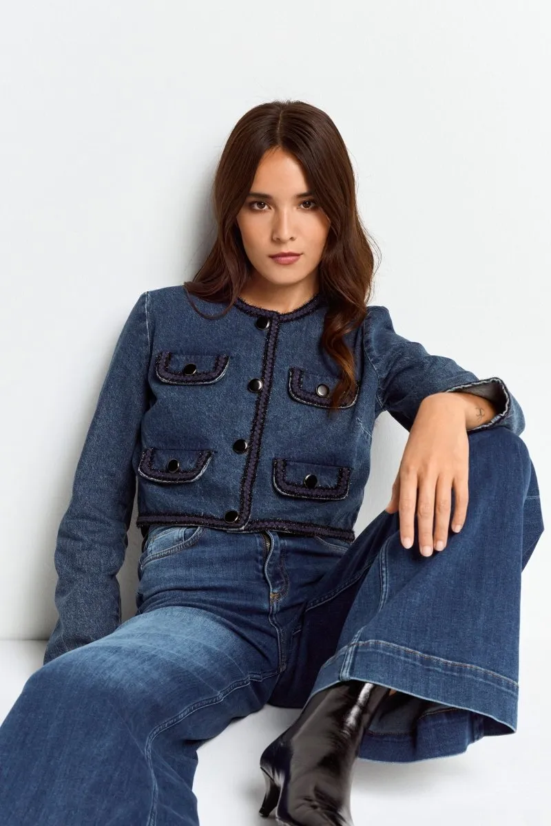 Denim-Jacke mit Zierborten