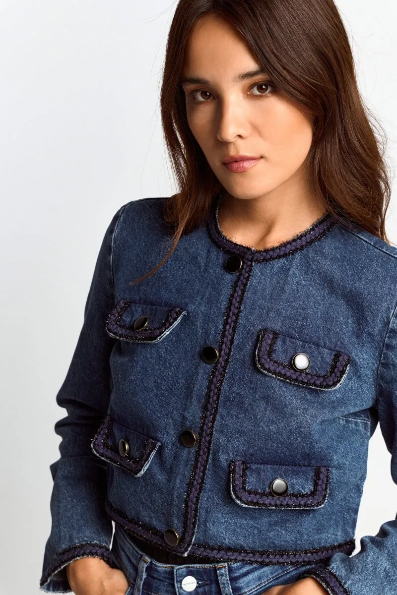 Denim-Jacke mit Zierborten