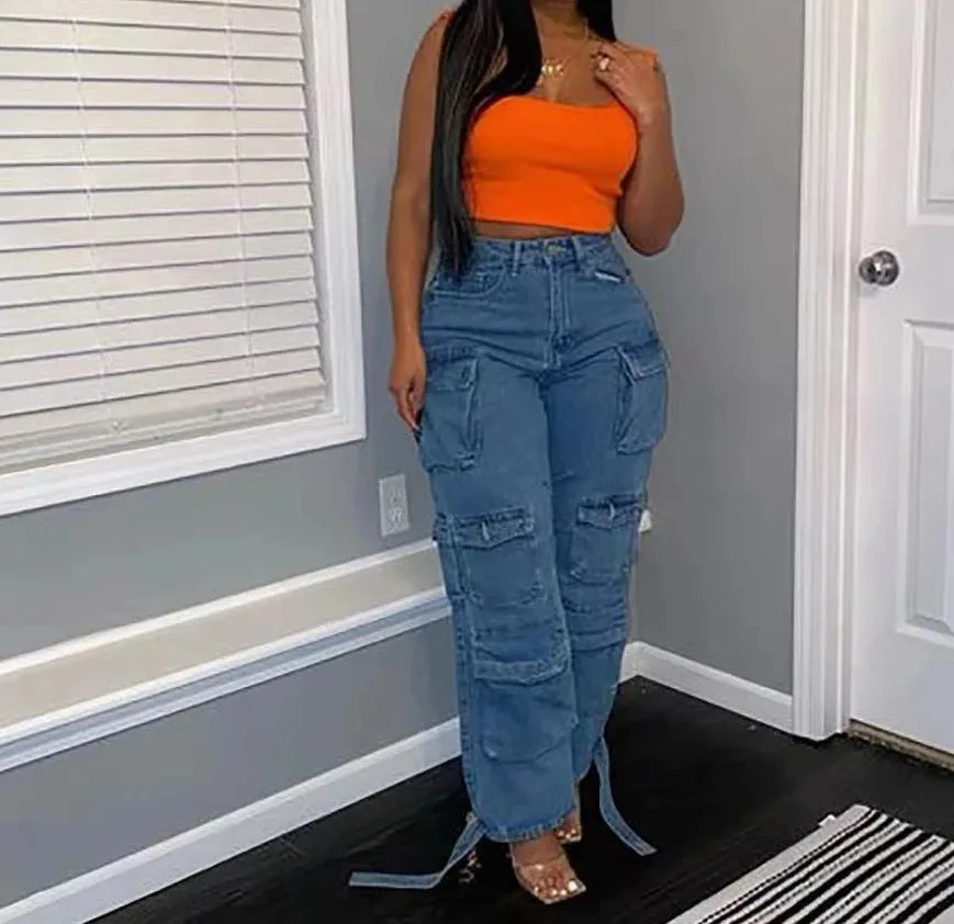 DERMEARNE American Vintage Trendy Streetwear Women's Fashion Jeans Flip Up Multi Pocket Jeans Cargo Pants High Waist Washed Hiphop Jeans