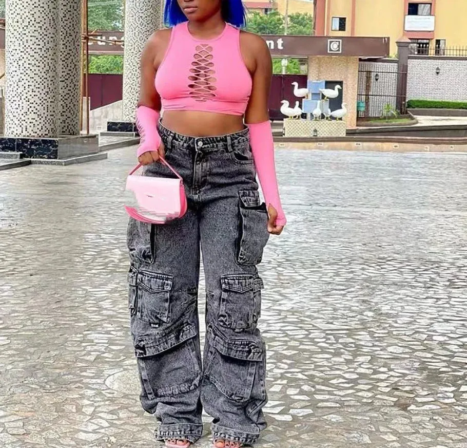 DERMEARNE American Vintage Trendy Streetwear Women's Fashion Jeans Flip Up Multi Pocket Jeans Cargo Pants High Waist Washed Hiphop Jeans