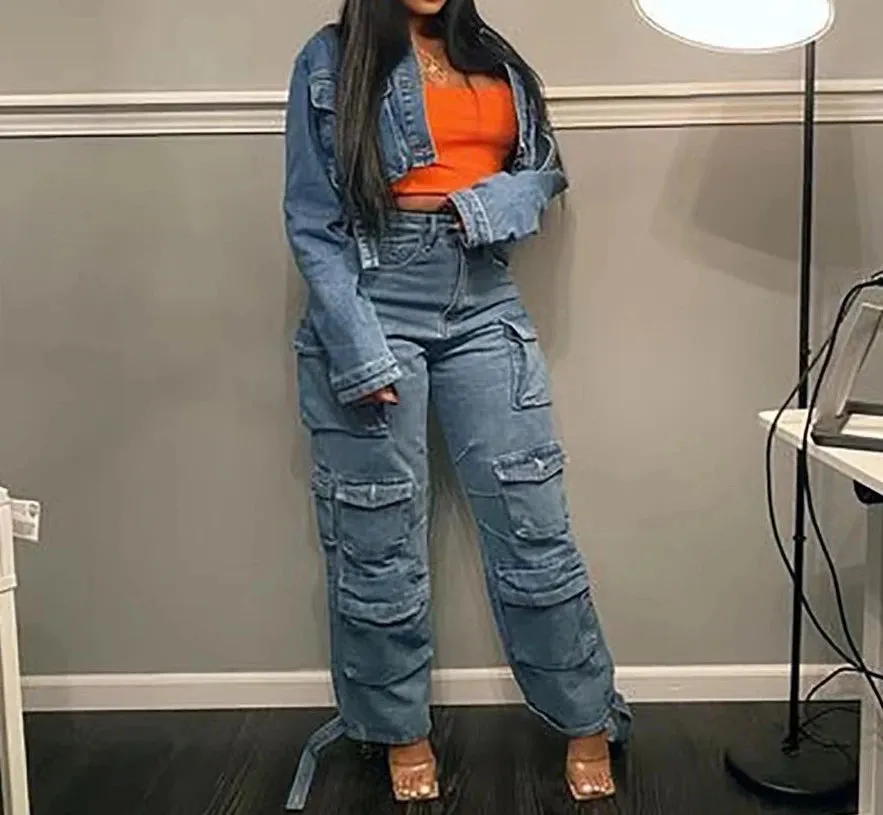DERMEARNE American Vintage Trendy Streetwear Women's Fashion Jeans Flip Up Multi Pocket Jeans Cargo Pants High Waist Washed Hiphop Jeans