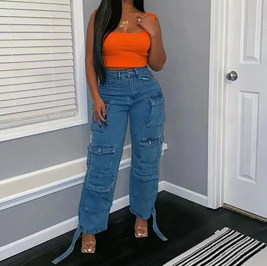 DERMEARNE American Vintage Trendy Streetwear Women's Fashion Jeans Flip Up Multi Pocket Jeans Cargo Pants High Waist Washed Hiphop Jeans