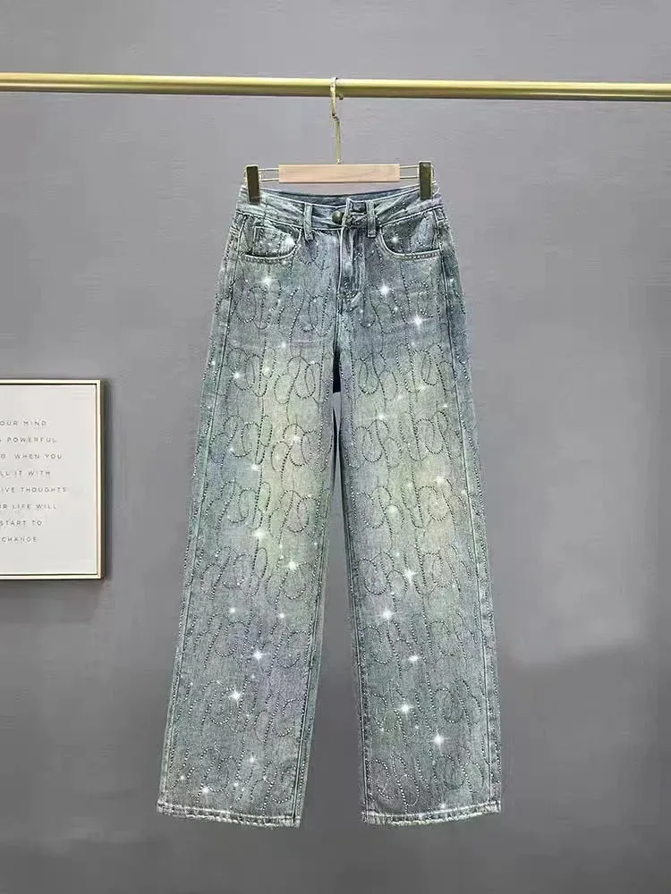 Diamond Jeans for Women Shiny High Waist Loose Wide Leg Denim Pants Blue Rhinestone Mopping Pants Streetwear Fashion Trousers
