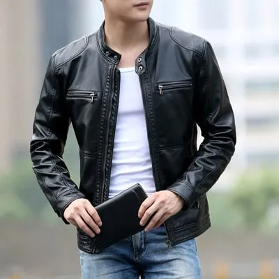 DIMUSI Mens Leather Jacket Slim Short Leather Jackets