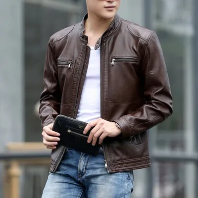 DIMUSI Mens Leather Jacket Slim Short Leather Jackets