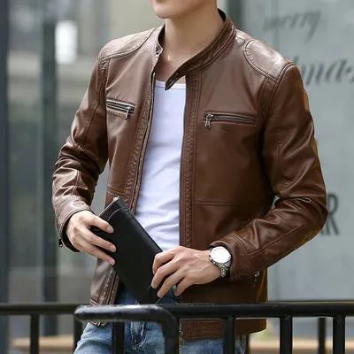 DIMUSI Mens Leather Jacket Slim Short Leather Jackets