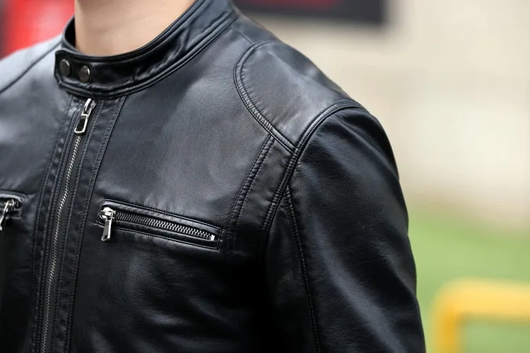 DIMUSI Mens Leather Jacket Slim Short Leather Jackets
