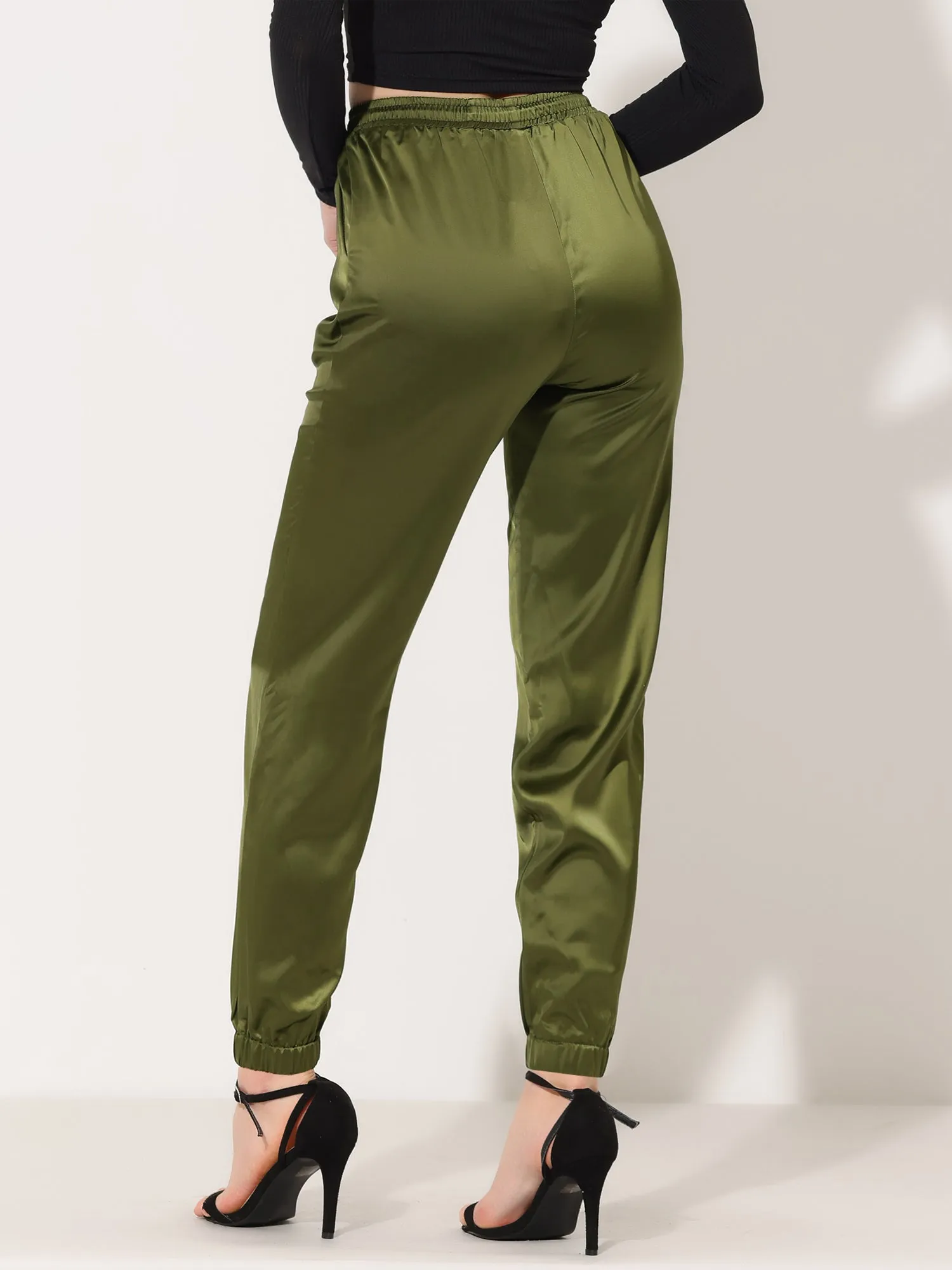 Drawstring Elastic Waist Athleisure Ankle Satin Joggers