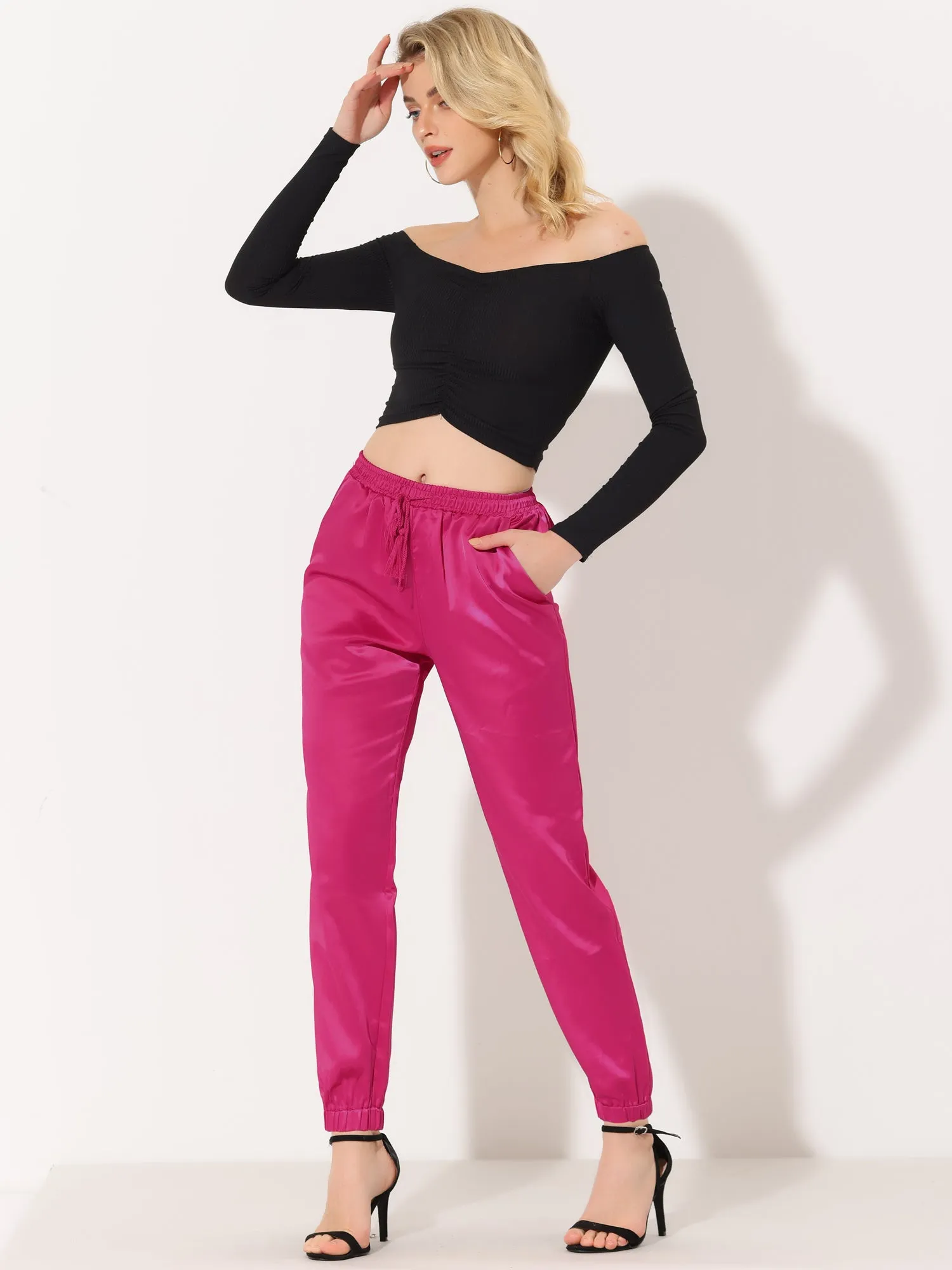 Drawstring Elastic Waist Athleisure Ankle Satin Joggers