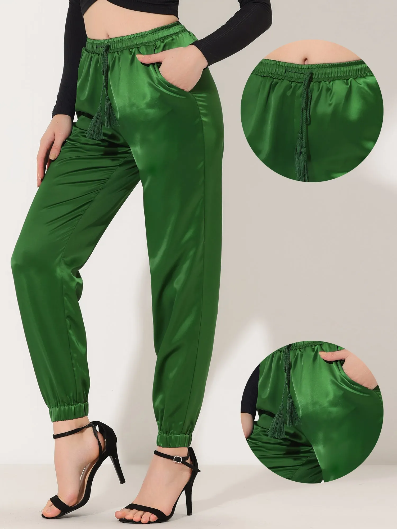 Drawstring Elastic Waist Athleisure Ankle Satin Joggers