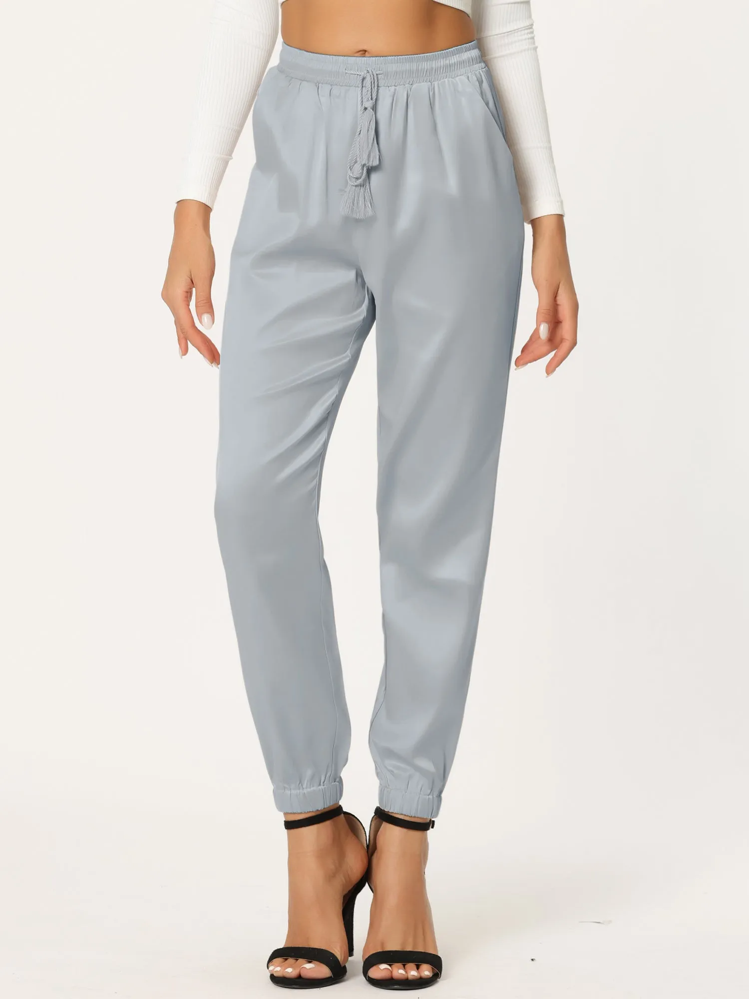 Drawstring Elastic Waist Athleisure Ankle Satin Joggers