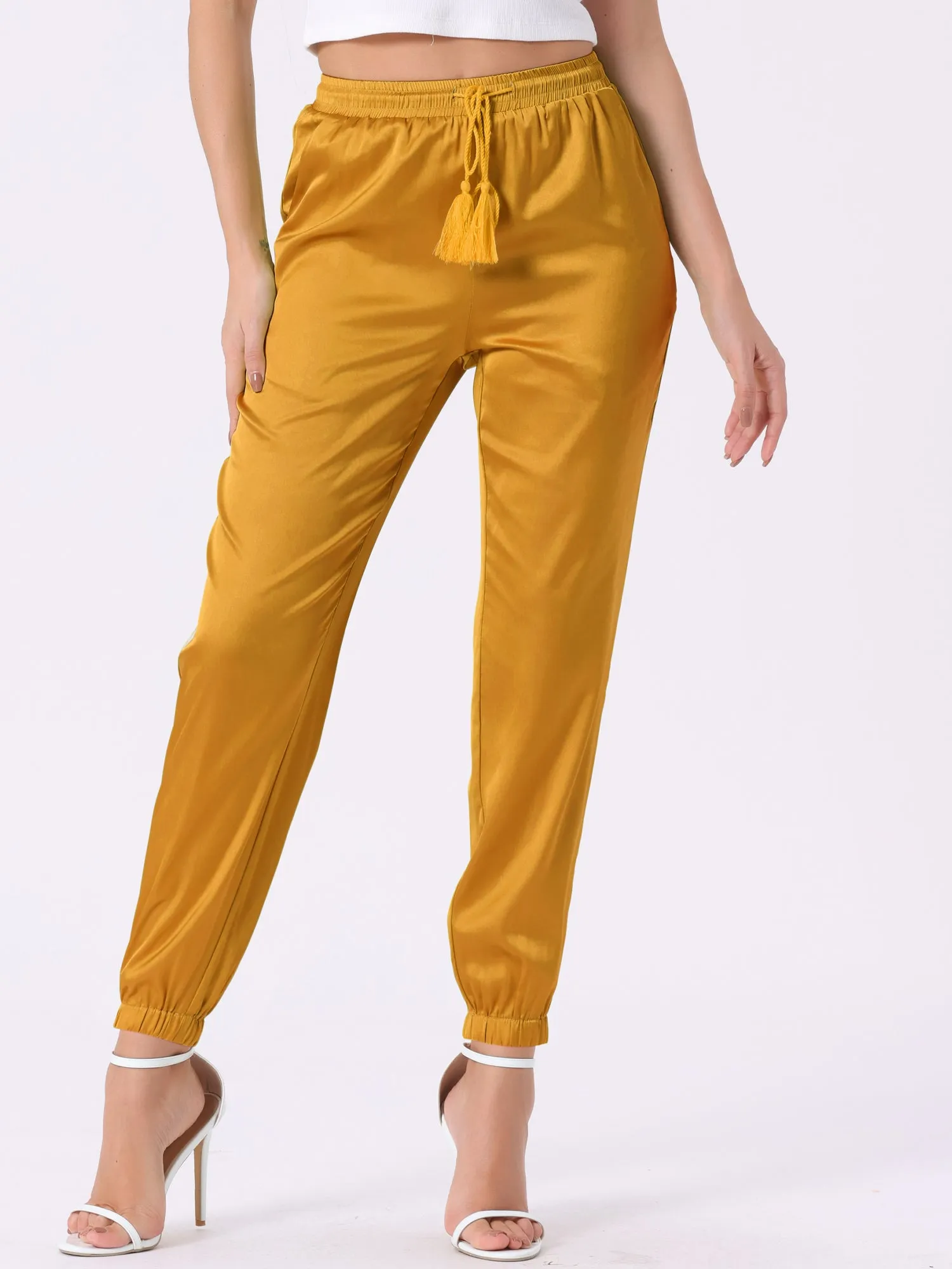Drawstring Elastic Waist Athleisure Ankle Satin Joggers
