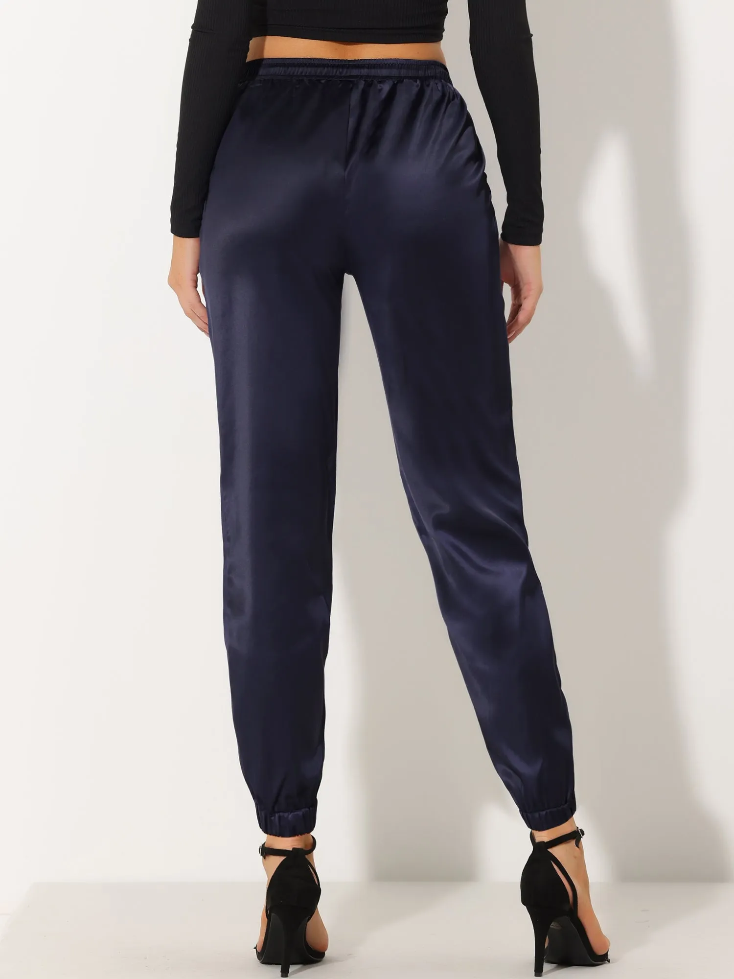 Drawstring Elastic Waist Athleisure Ankle Satin Joggers