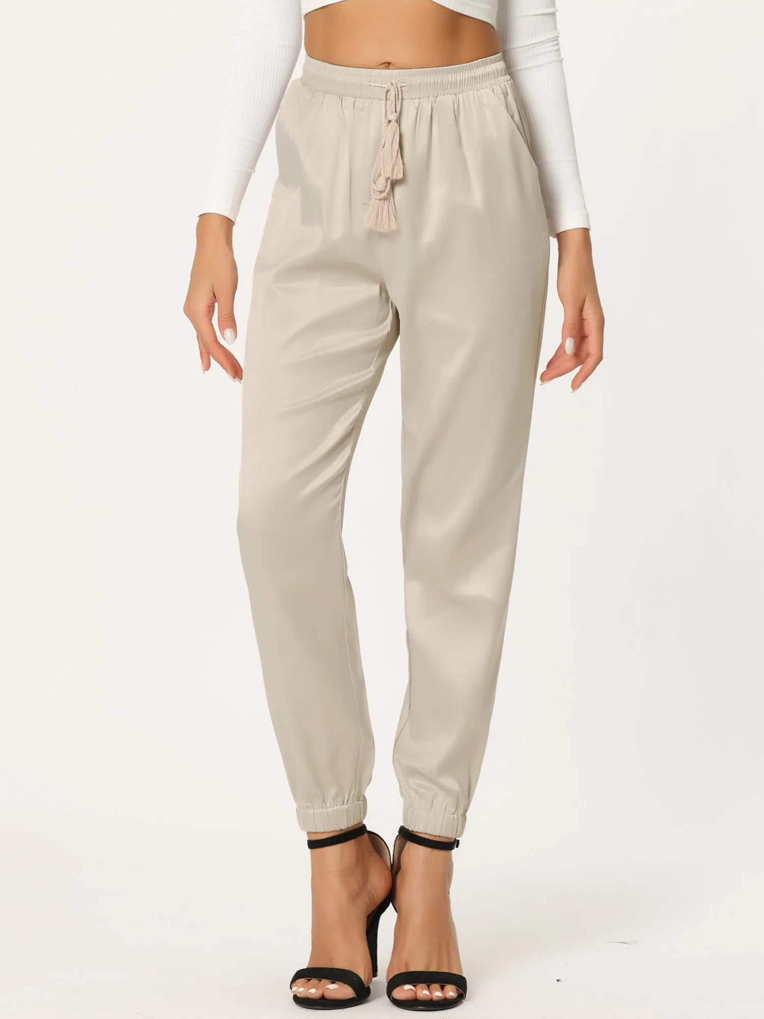 Drawstring Elastic Waist Athleisure Ankle Satin Joggers