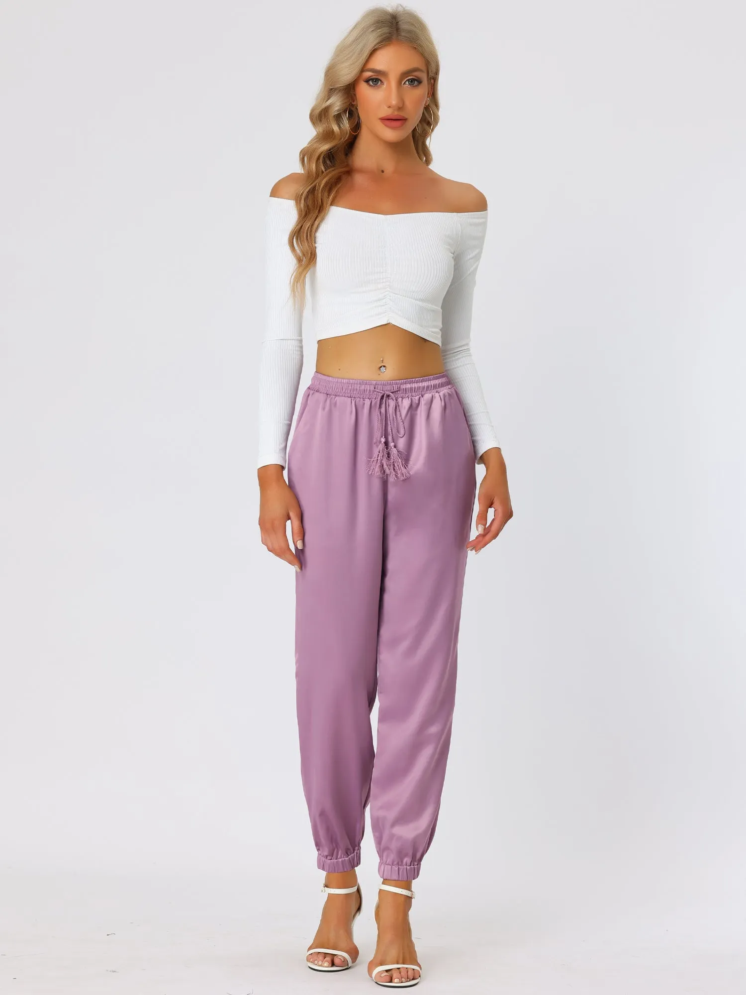 Drawstring Elastic Waist Athleisure Ankle Satin Joggers