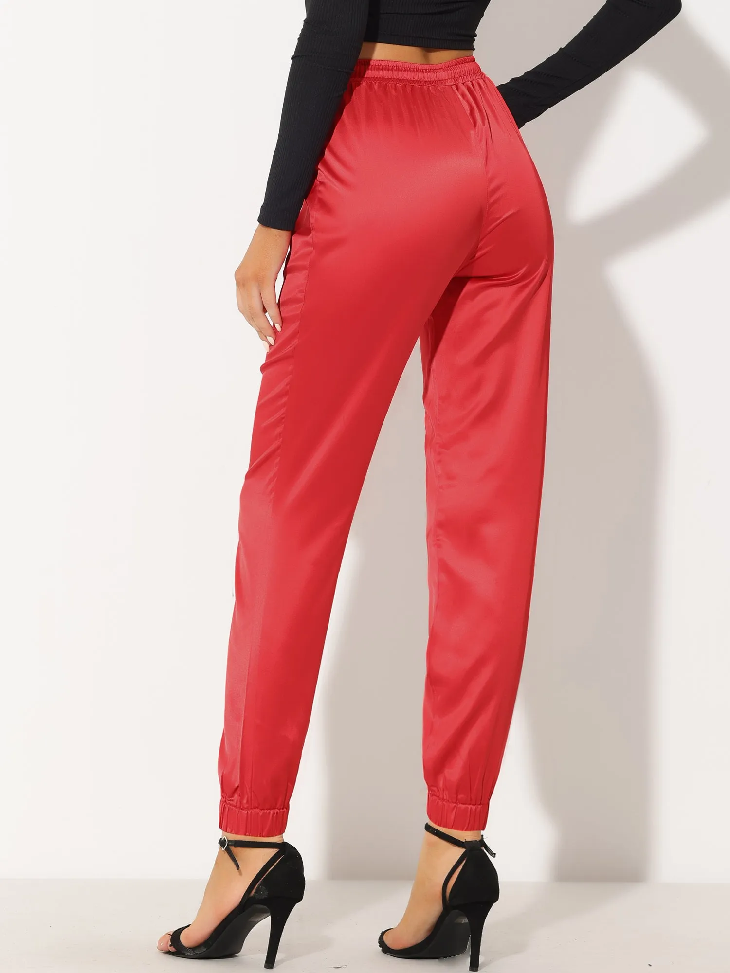 Drawstring Elastic Waist Athleisure Ankle Satin Joggers