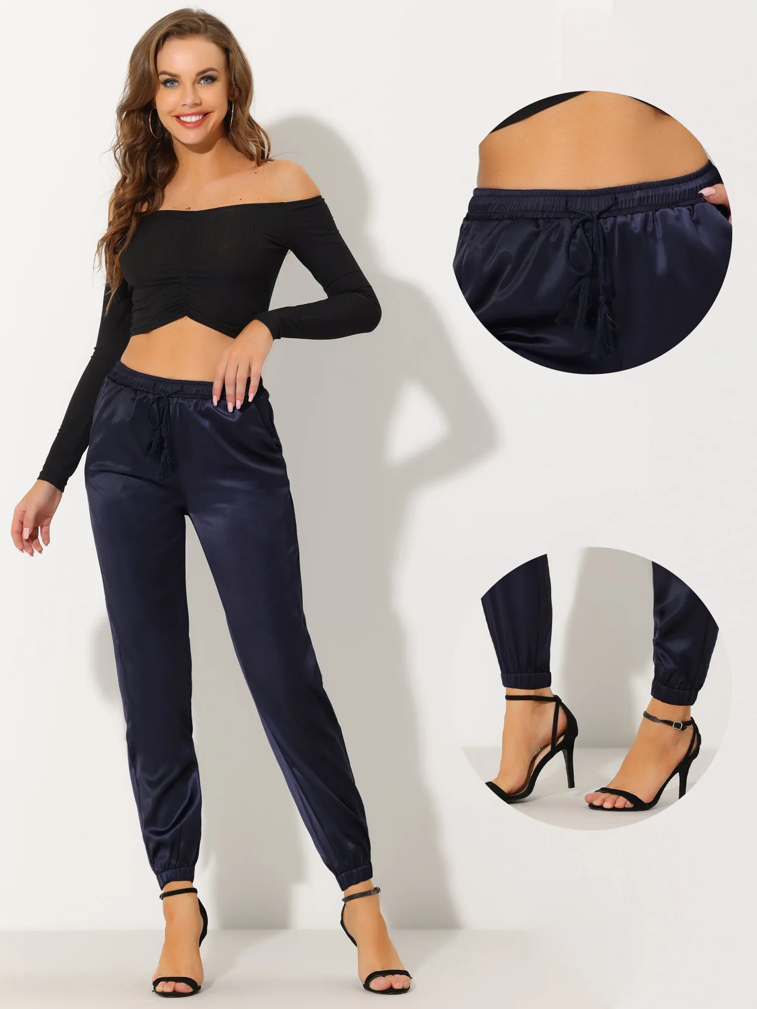 Drawstring Elastic Waist Athleisure Ankle Satin Joggers