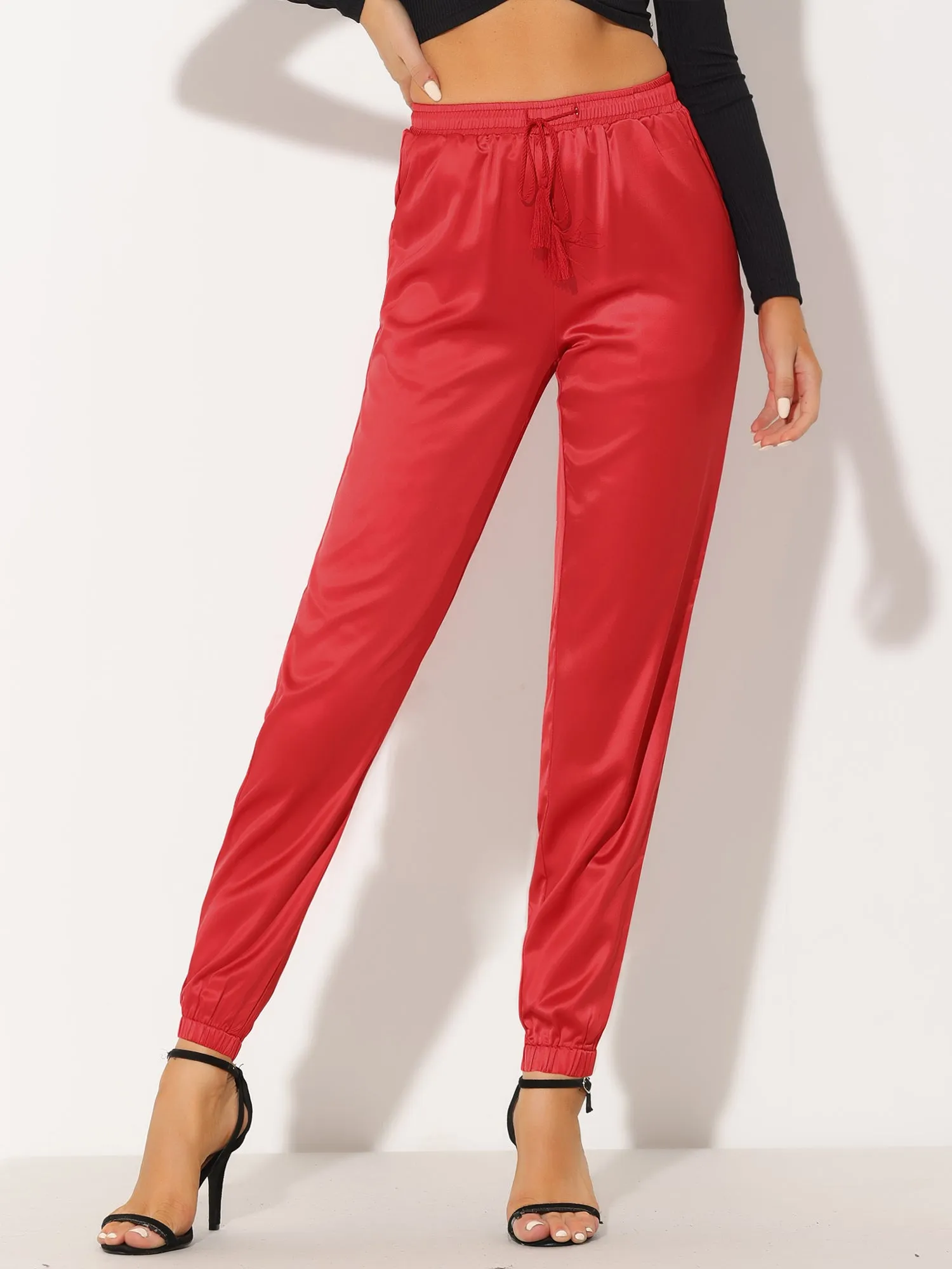Drawstring Elastic Waist Athleisure Ankle Satin Joggers
