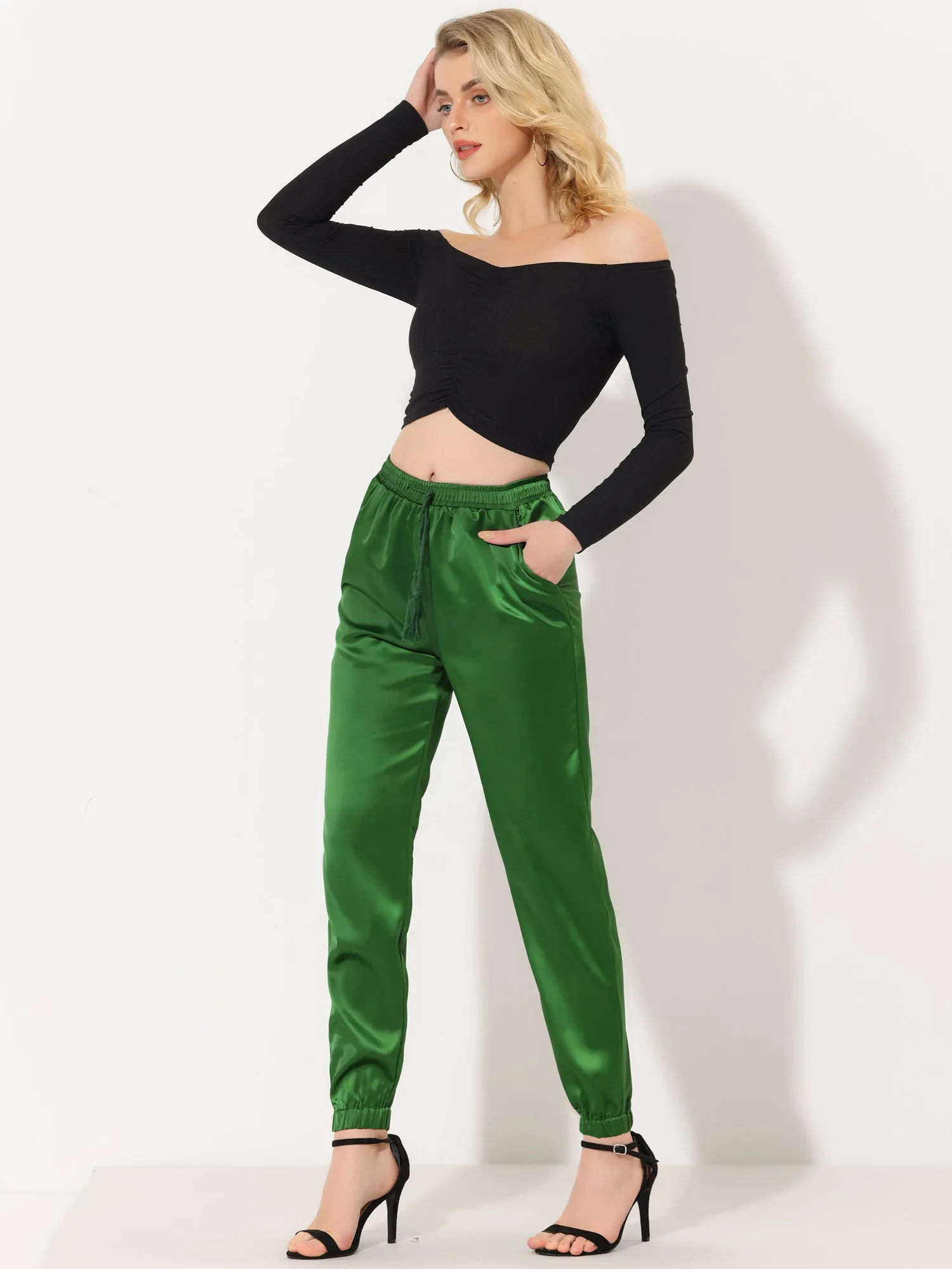 Drawstring Elastic Waist Athleisure Ankle Satin Joggers