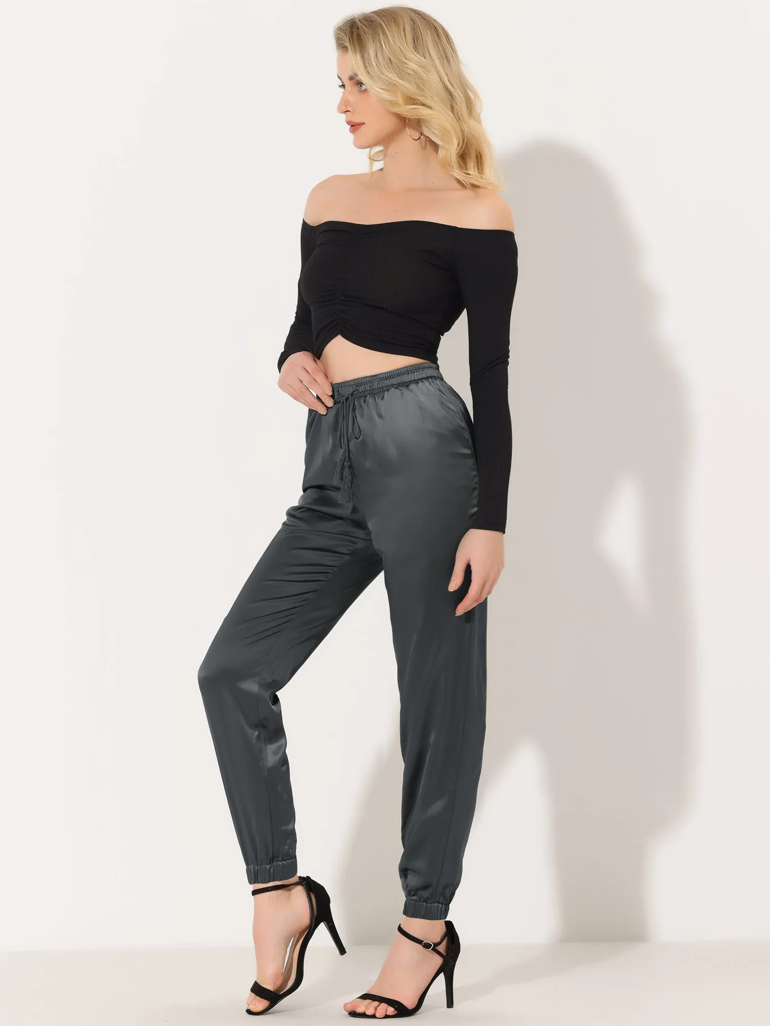 Drawstring Elastic Waist Athleisure Ankle Satin Joggers