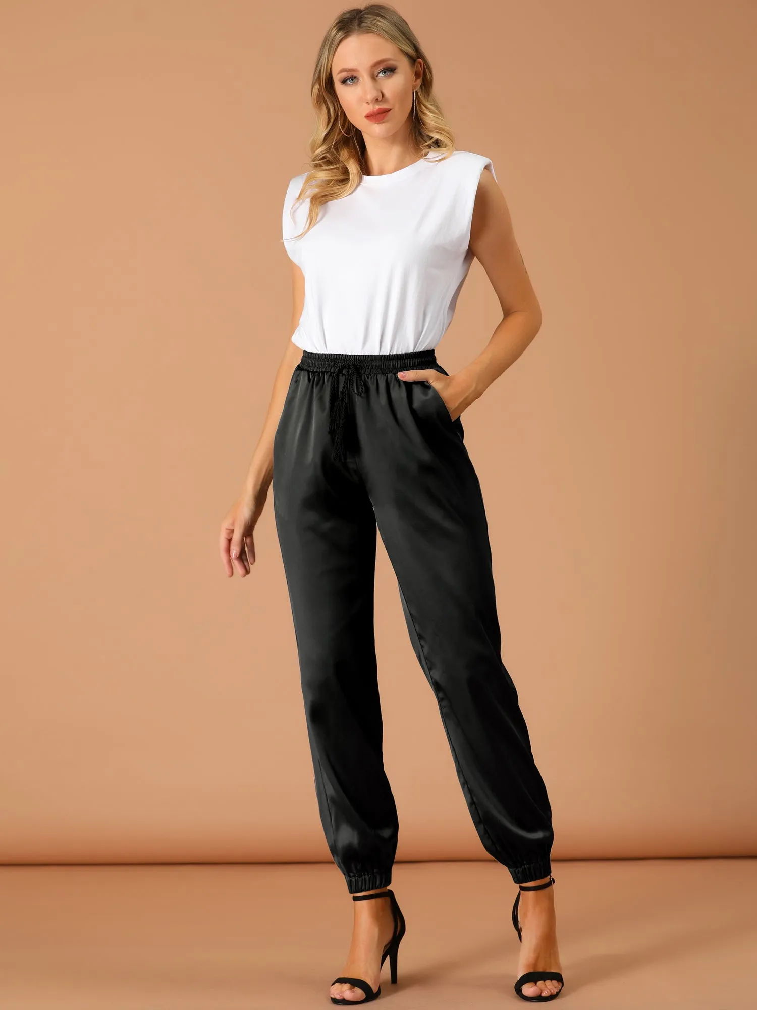Drawstring Elastic Waist Athleisure Ankle Satin Joggers