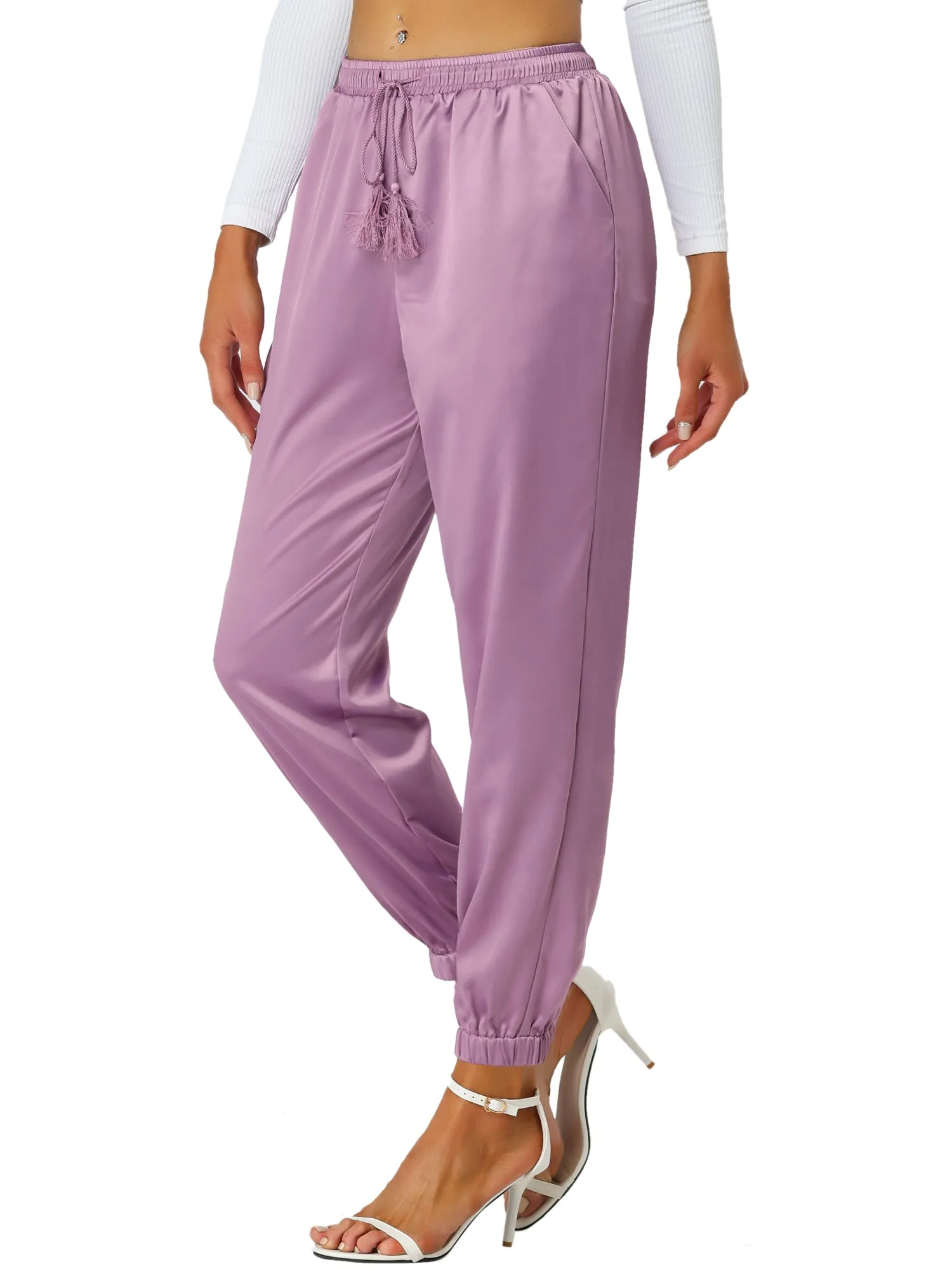 Drawstring Elastic Waist Athleisure Ankle Satin Joggers