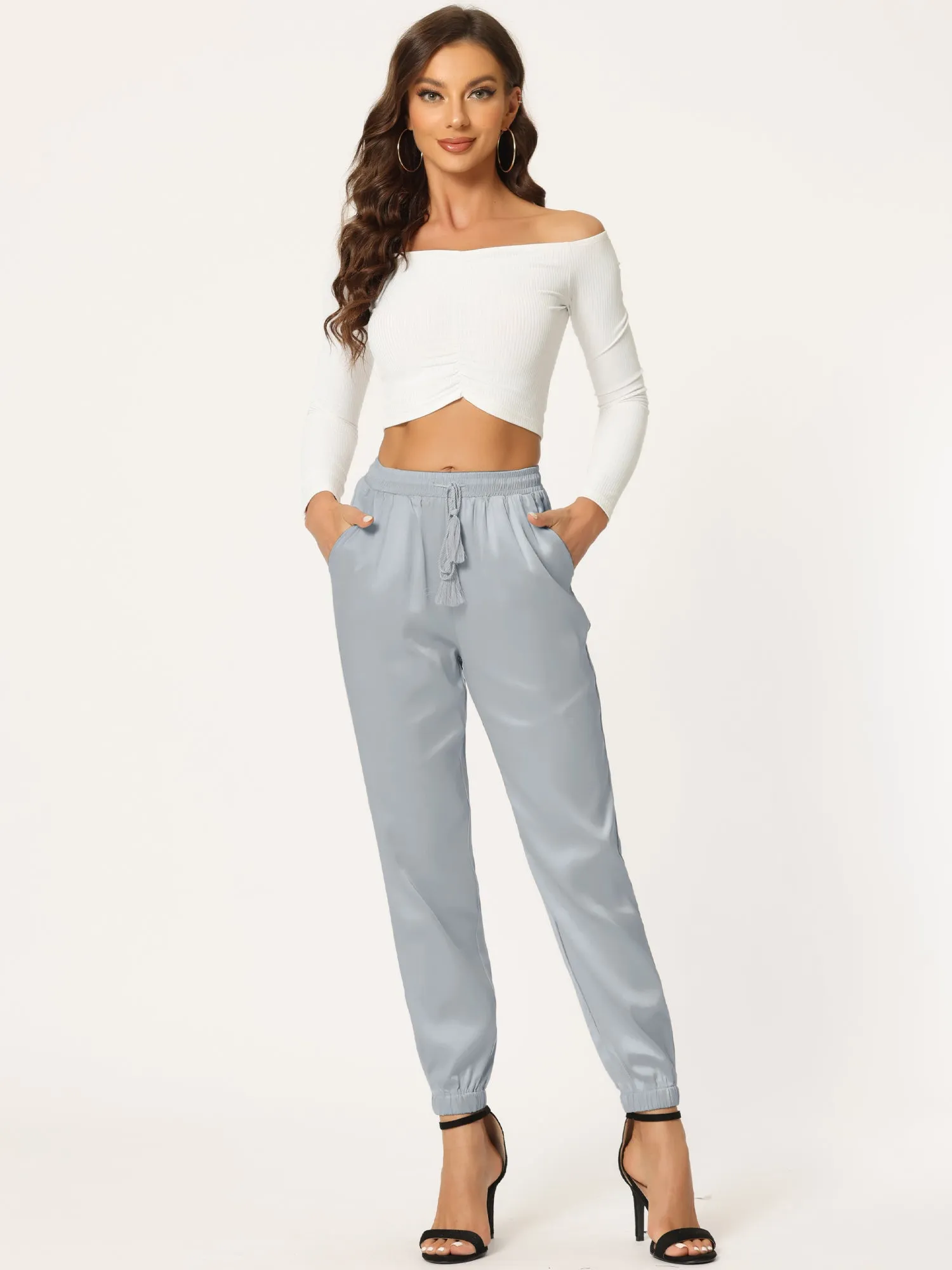 Drawstring Elastic Waist Athleisure Ankle Satin Joggers