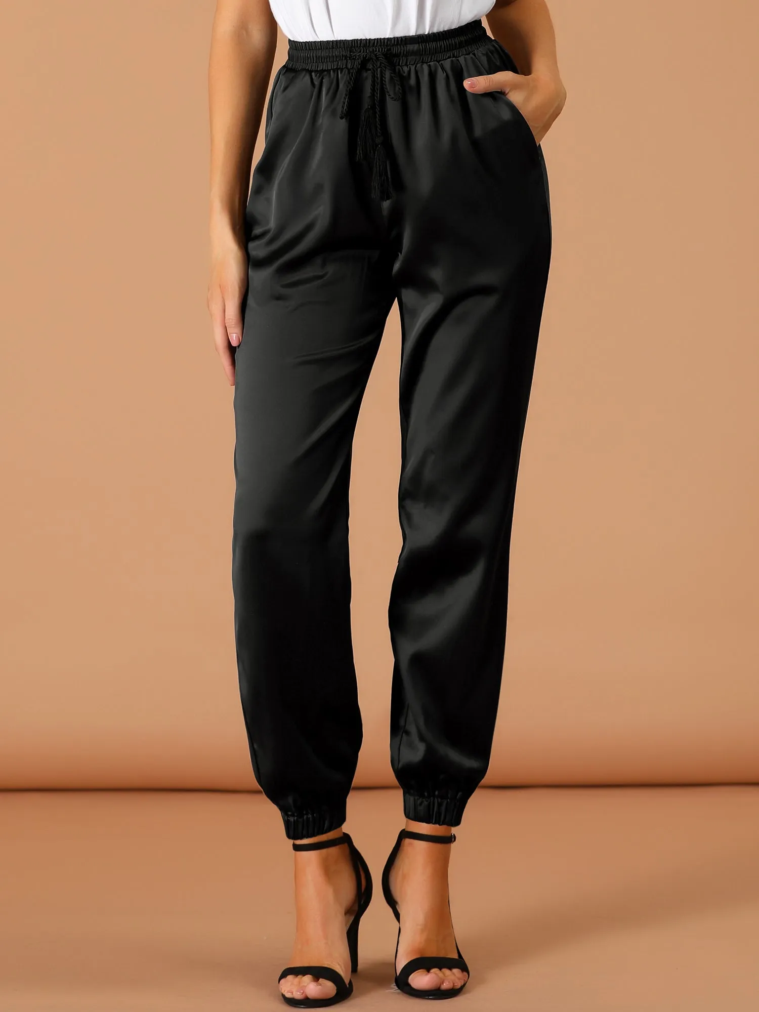 Drawstring Elastic Waist Athleisure Ankle Satin Joggers