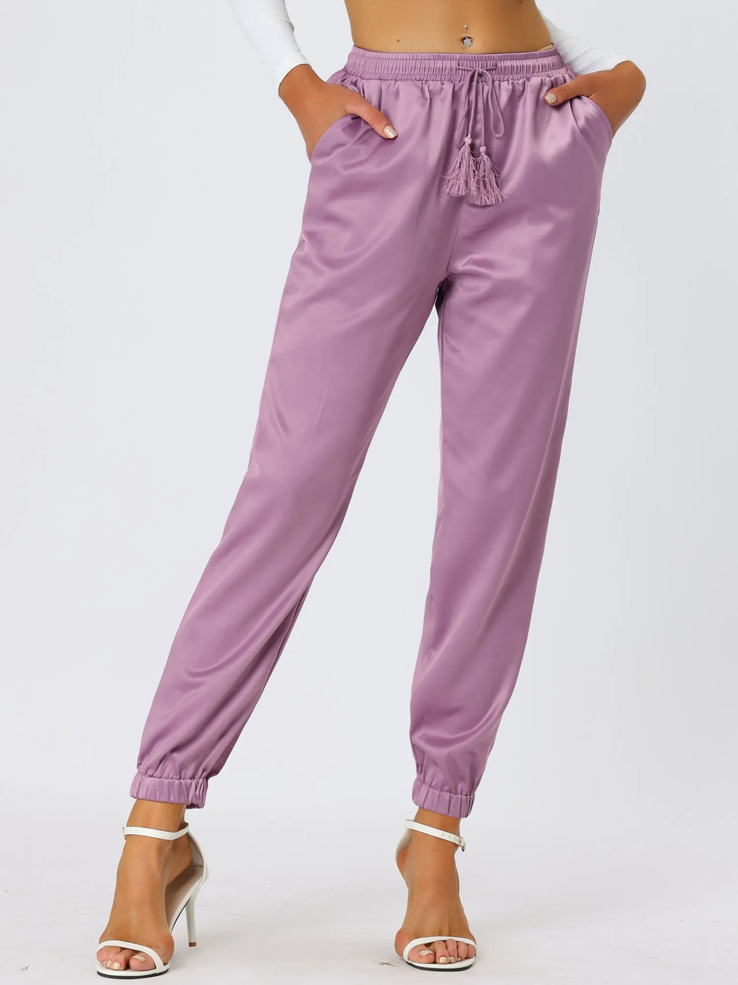 Drawstring Elastic Waist Athleisure Ankle Satin Joggers