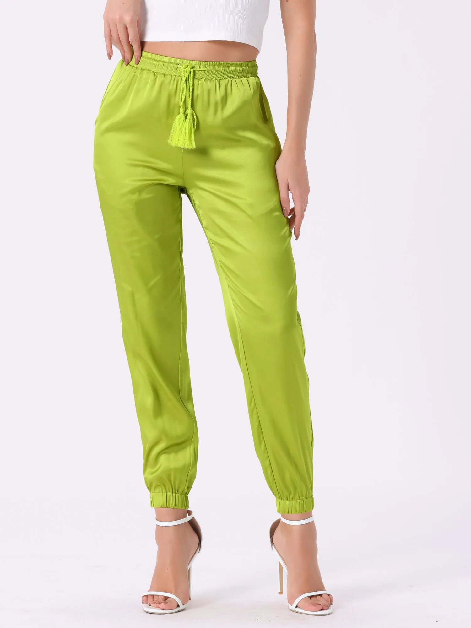 Drawstring Elastic Waist Athleisure Ankle Satin Joggers