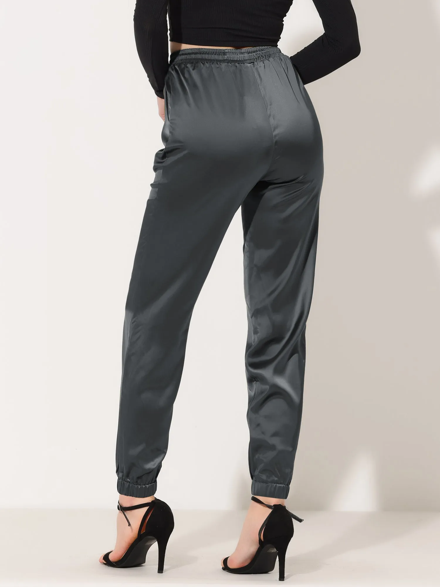 Drawstring Elastic Waist Athleisure Ankle Satin Joggers