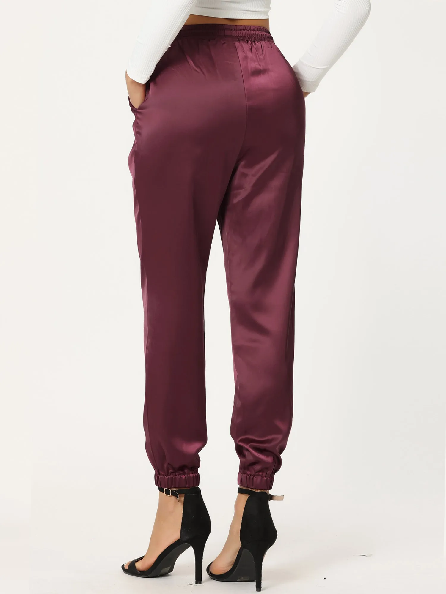 Drawstring Elastic Waist Athleisure Ankle Satin Joggers