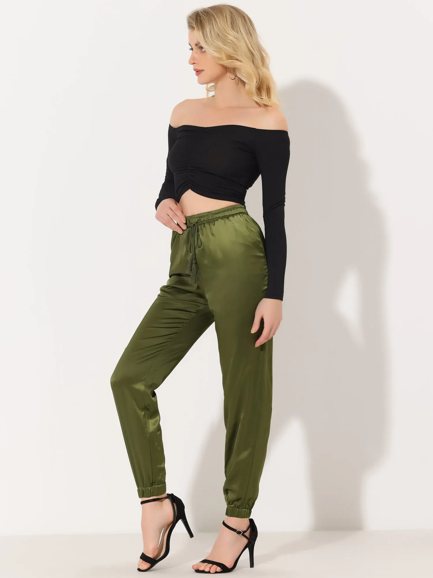Drawstring Elastic Waist Athleisure Ankle Satin Joggers