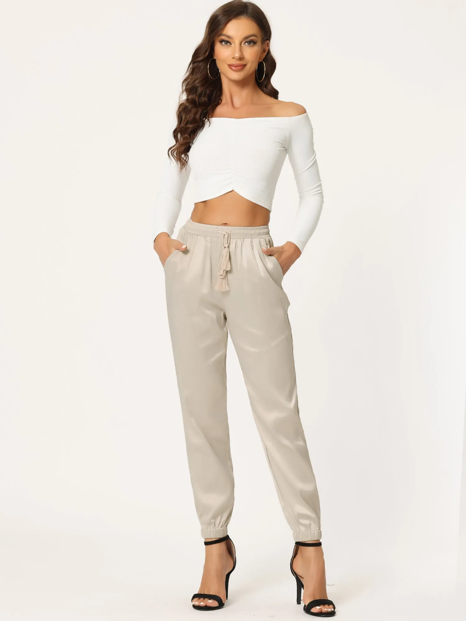 Drawstring Elastic Waist Athleisure Ankle Satin Joggers