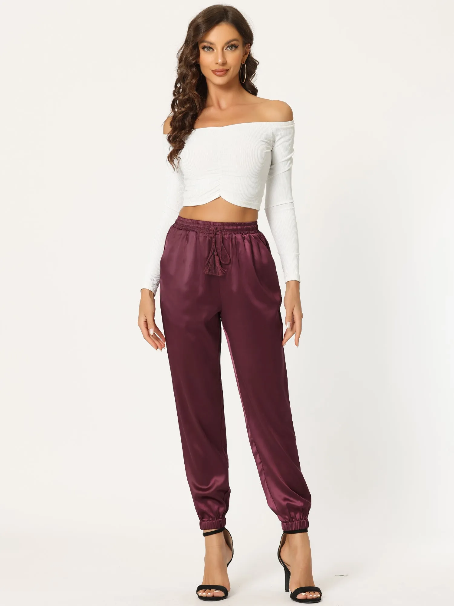 Drawstring Elastic Waist Athleisure Ankle Satin Joggers